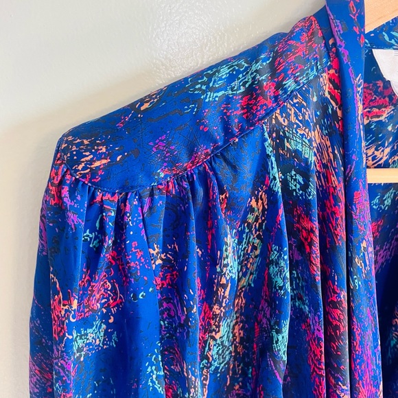 Brocade Plunging V Neck Vintage 80s Silky Long Slv Blue Top Party Satin Blouse - Picture 2 of 11